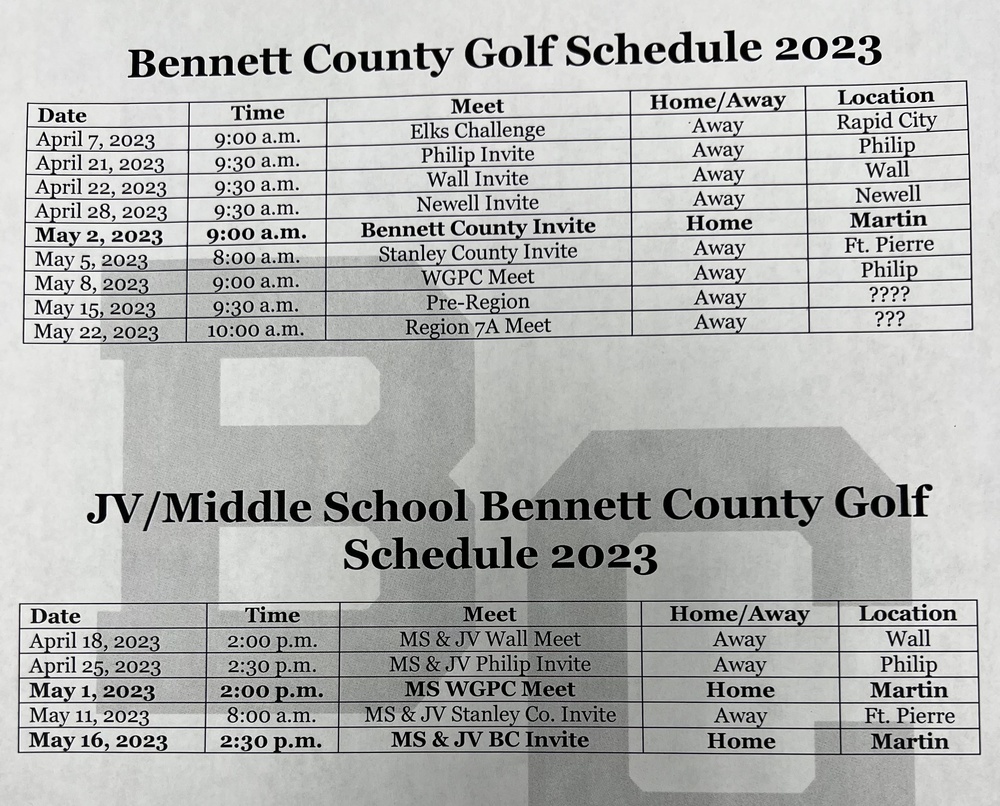 2023 Golf Schedule